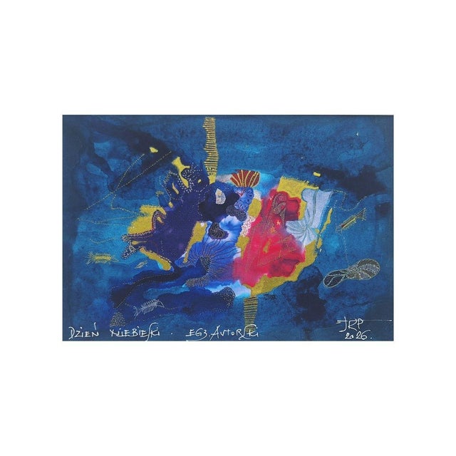 This striking artwork captivates with its bold use of color and texture, centered within a vivid red backdrop that...