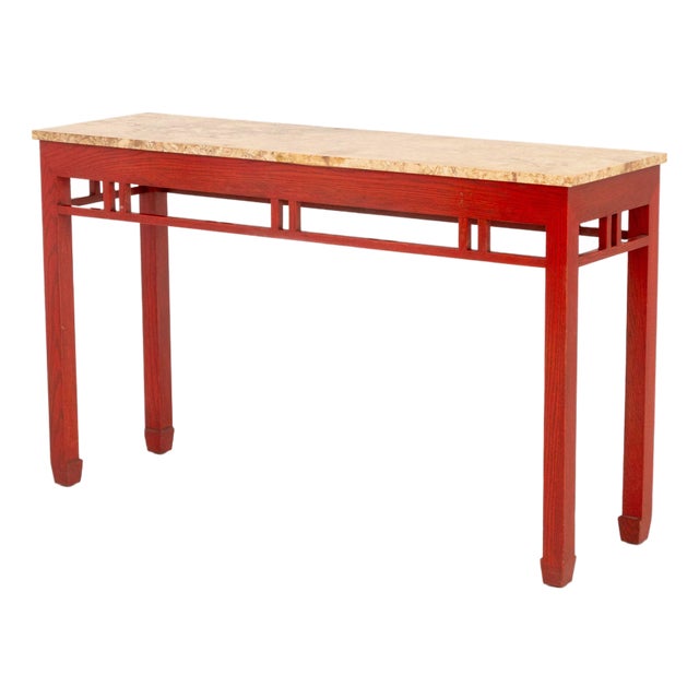 James Mont Style Marble Top Red Stained Oak Console Table For Sale