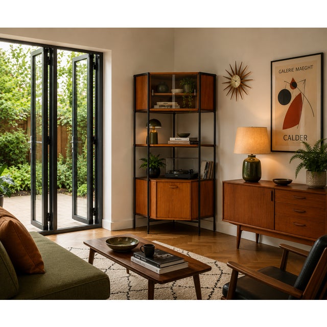 Avalon modular corner shelving unit featuring teak veneers and a black-coated metal frame. The modular design allows the...