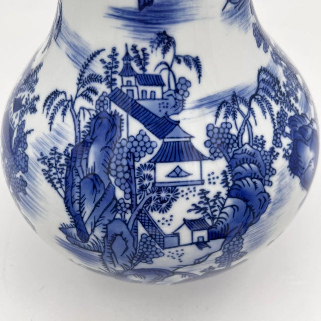 Late 20th Century Vintage Bombay Company Blue and White Chinoiserie Pagoda Vase 12"h For Sale - Image 5 of 11
