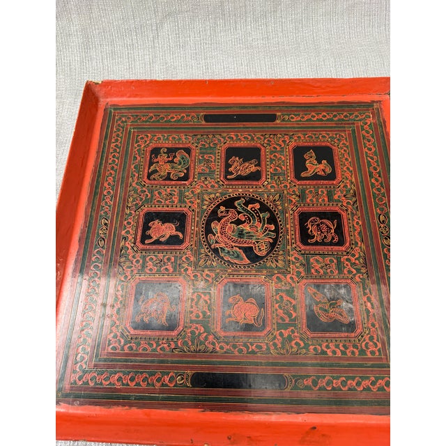 Antique Black Red Burmese Lacquer Zodiac Tray For Sale - Image 4 of 17
