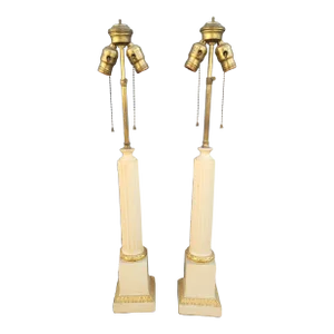 Pair of Italian Art Deco Patinated and Gilt Ornate Plaster Adjustable Height Tower Table Lamps