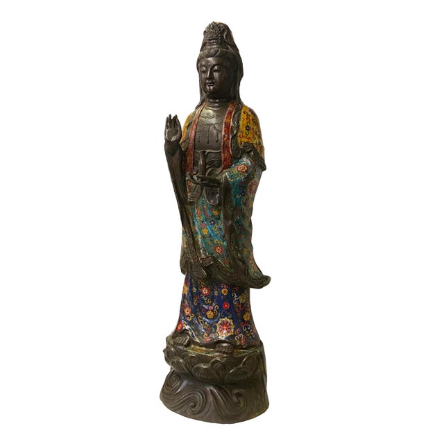 Chinese Vintage Large Metal Blue Yellow Enamel Cloisonné Kwan Yin Statue For Sale - Image 3 of 9