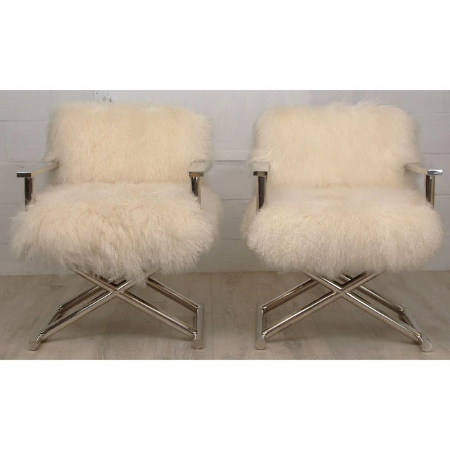 Metal Pair of Restoration Hardware Altman Tibetan Wool Directors Chairs For Sale - Image 7 of 11