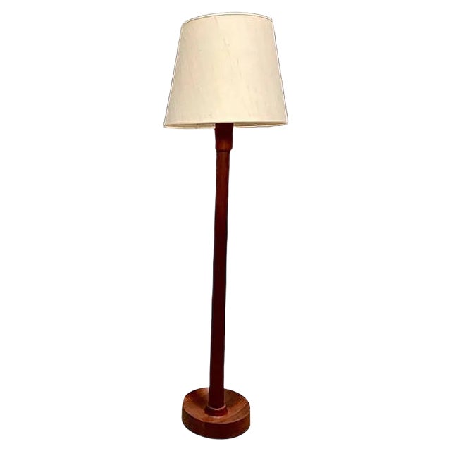 Danish Solid Teak Wood Floor Lamp with Wild Silk Lampshade, 1960s For Sale