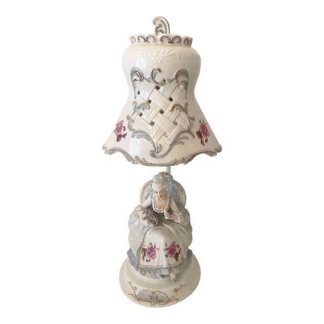 Vintage Porcelain Capodimonte/Dresden Style Figural Nobel Lady Boudoir Lamp With Matching Reticulated Shade Excellent Condition For Sale