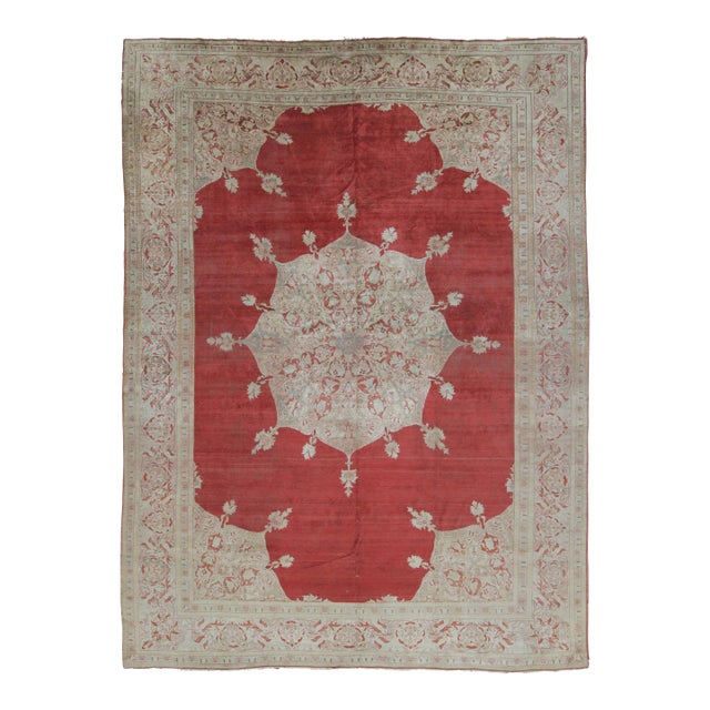 Antique Persian Tabriz Rug in Red With Ivory Florals and Medallion - Rug & Kilim For Sale