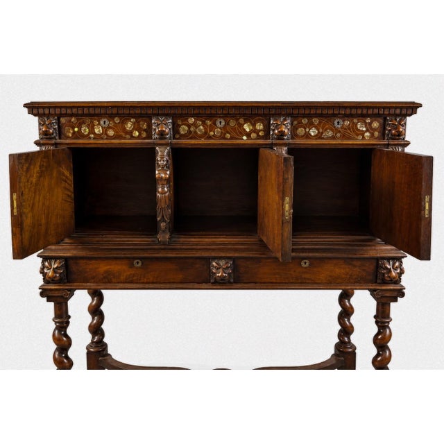 English 19th-C. English Carved Walnut & Mother-of-Pearl Barley Twist Cabinet on Stand For Sale - Image 3 of 7