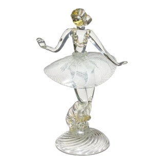 Murano Vintage White Zanfirico Ribbons Skirt Gold Flecks Italian Art Glass Ballerina Figure Sculpture For Sale
