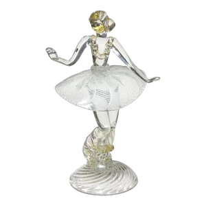 Murano Vintage White Zanfirico Ribbons Skirt Gold Flecks Italian Art Glass Ballerina Figure Sculpture