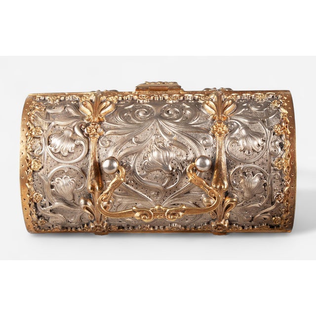 Metal 1900s Jugendstil Golden and Silver Brass Jewelry Casket With Blue Velvet-Lined Interior by Erhard & Söhne, Germany For Sale - Image 7 of 12