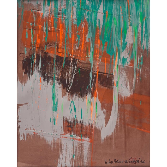 #6315 Veiled Horizon III is an original abstract surreal painting on hand cut parchment, measuring 16 x 20. inches. Deep...