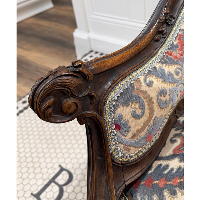 Wood Early 20th Century Petite Needlepoint Bergère Chair With Intricately Carved Walnut Frame For Sale - Image 7 of 12