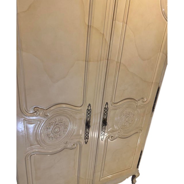 Henredon Henredon French Provincial Armoire in Professionally Lacquered Ivory Goatskin Parchment Finish For Sale - Image 4 of 12