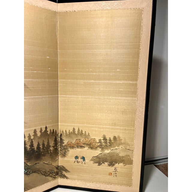 1950s Vintage Japanese 4-Panel Byobu Folding Screen Hand Painted on Silk Landscape Motif 66" X 36" For Sale - Image 5 of 11