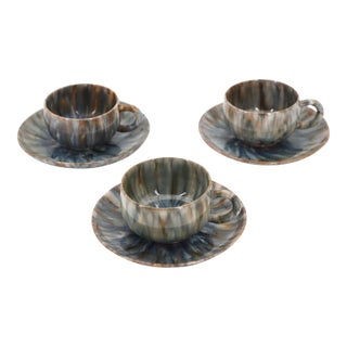1920s Bordallo Pinheiro Art Deco Flambé-Glazed Set of Three Teacup & Saucer For Sale