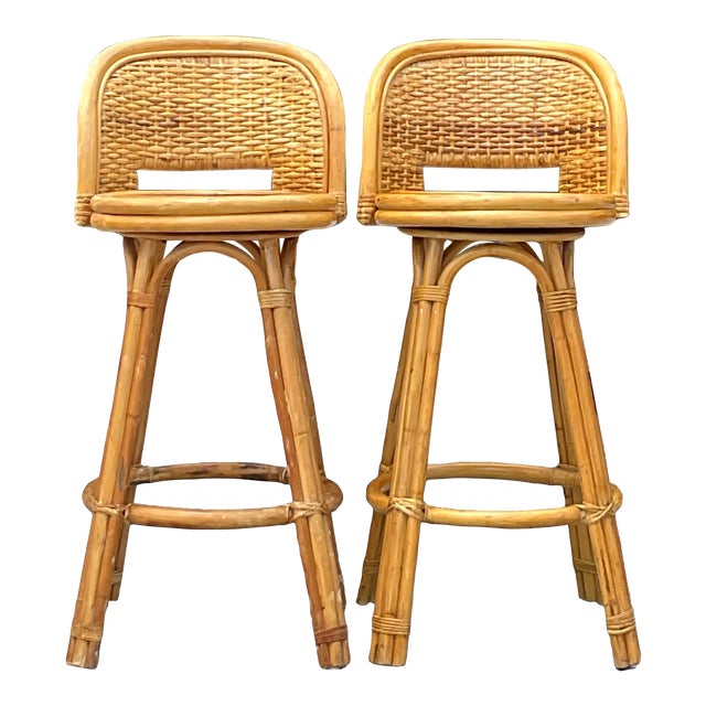 Vintage Coastal Woven Rattan Bar Stools - a Pair | Chairish