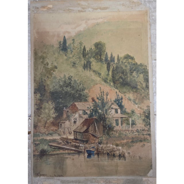 Realism Landscape Scene With House and Mill, Watercolor, j.w. Spaveil June 11 1886 For Sale - Image 3 of 9
