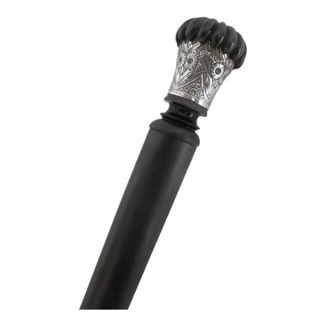 Horn & Sterling Silver Repousse Flower Corkscrew Gadget Walking Stick Cane For Sale