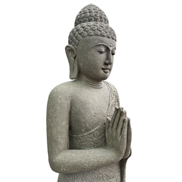 Vintage Asian Stone Carved Standing Garden Buddha Statue For Sale In Los Angeles - Image 6 of 7