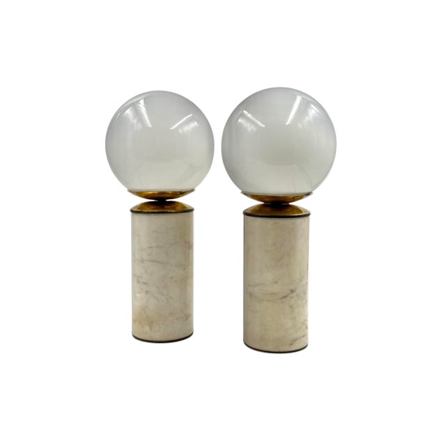 1970s Hollywood Regency Carrara Marble & Brass Table Lamps, Lucirhytmo - Set of 2 For Sale - Image 6 of 11