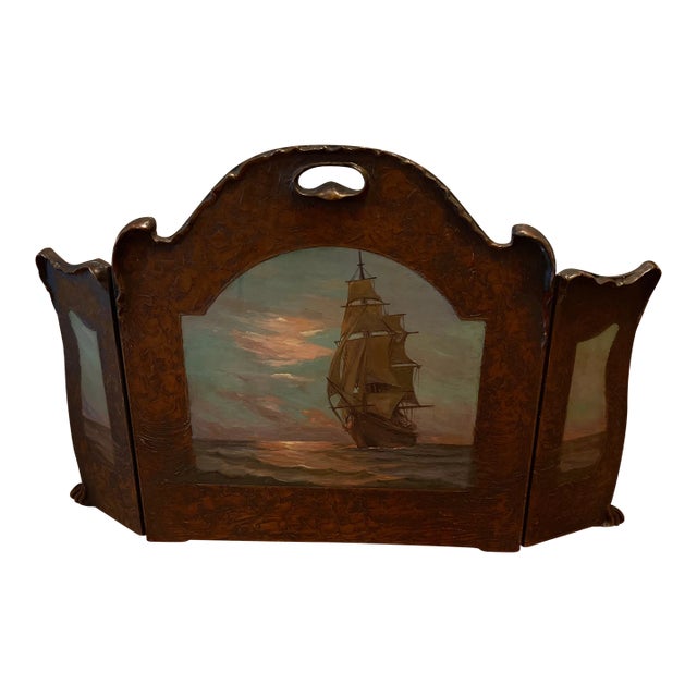 Early 20th Century Antique Arts & Crafts Firescreen Original Painting of a Ship For Sale