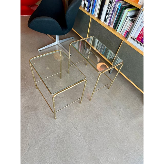 Vintage Mid Century Modern Faux Bamboo Brass Glass Nesting Tables Set 1970s Hollywood Regency For Sale In Las Vegas - Image 6 of 17
