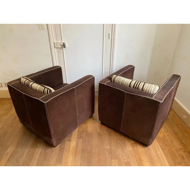 "Pair Of Comfortable Italian Club Armchairs In Nubuck" pair of Italian club. in shearling and stitched the leather is...