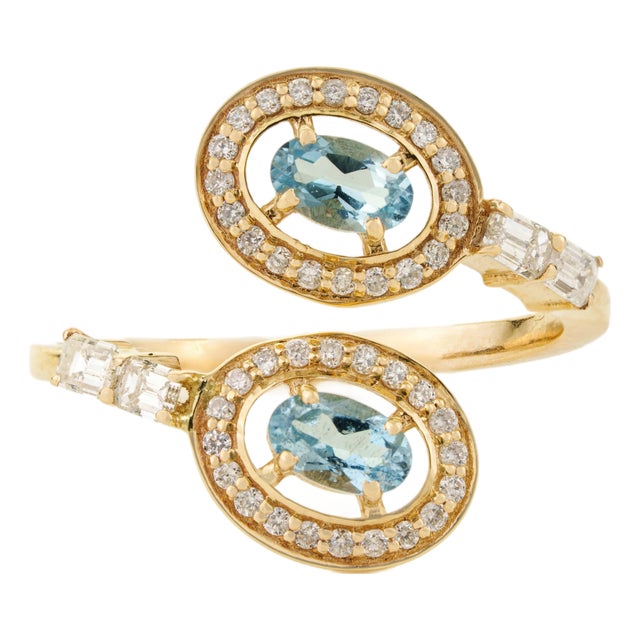 14k Gold Handmade Natural Aquamarine & Diamond Bypass Wrap Ring Size 5.5 For Sale