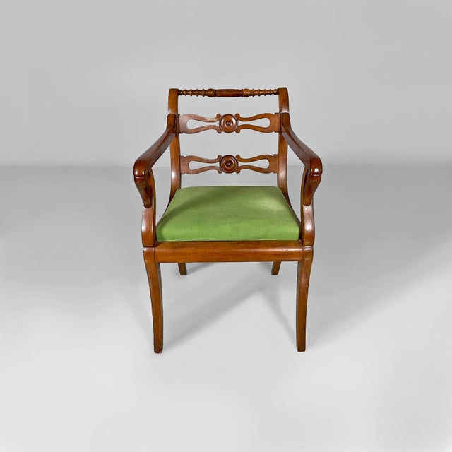 Italian 19th century style armchairs in green fabric and wood, 1930s Pair of armchairs with square seats in green fabric....