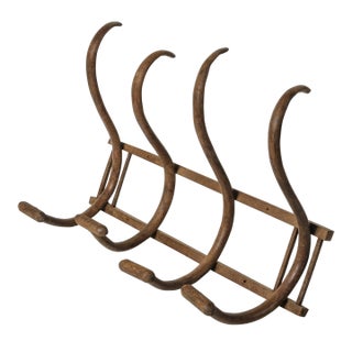 Large Antique Bentwood Coat Rack: Thonet Style Wall Hanging Hat Rack With Four Hooks For Sale