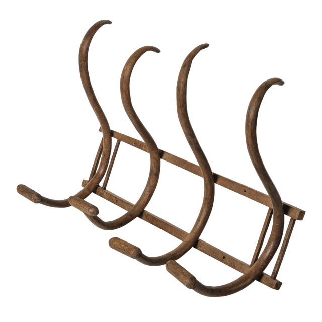 Large Antique Bentwood Coat Rack: Thonet Style Wall Hanging Hat Rack With Four Hooks For Sale