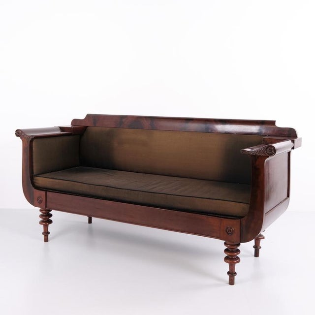 Wood Antique Empire Sofa in Mahogany with Turned Legs and Brown Upholstery, 1830s For Sale - Image 7 of 10