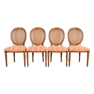 Karges French Regency Louis XVI Carved Walnut Cane Back Dining Chairs, Set of Four For Sale