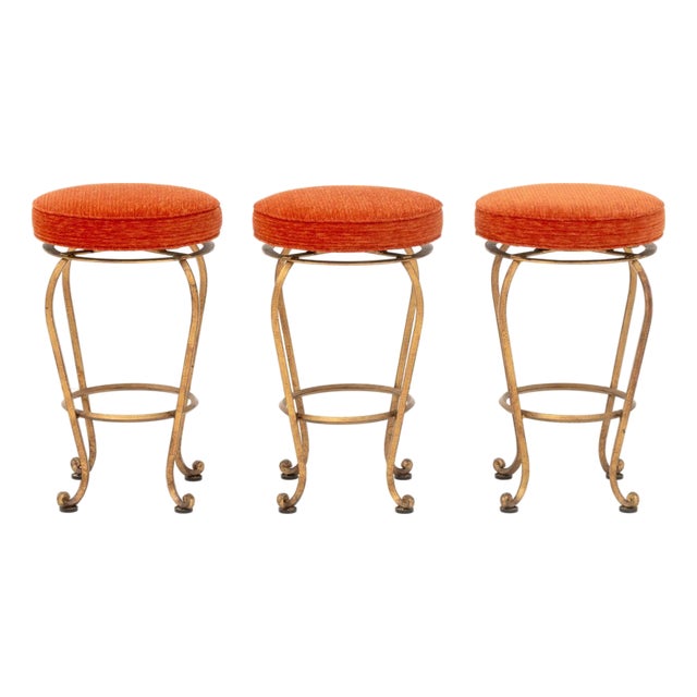 Modern Orange Upholstered Swivel Stools, 3 For Sale