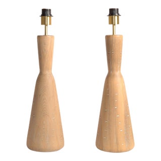 Vintage Natural Tapered Solid Wood Brass Table Lamps Mid-Century Modern, Pair For Sale