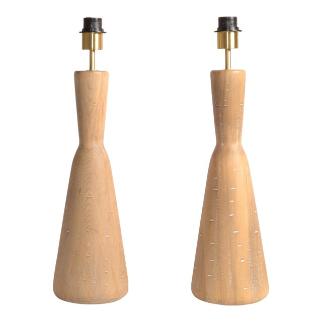 Vintage Natural Tapered Solid Wood Brass Table Lamps Mid-Century Modern, Pair For Sale