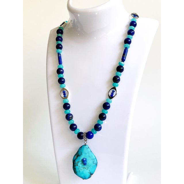 Artisan One-of-a-Kind Gemstone Necklace With Vintage Arizona Turquoise, Lapis Lazuli & Blue Chalcedony For Sale - Image 12 of 18