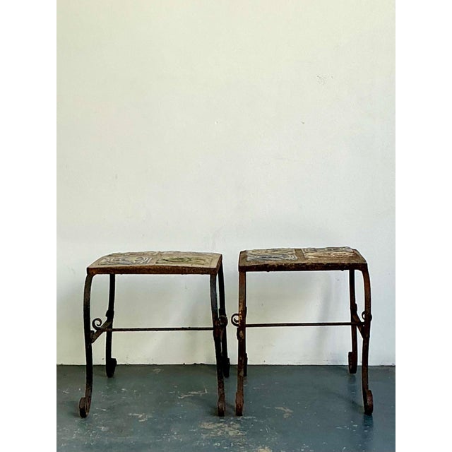 Vintage Italian Distressed Wrought Iron and Ceramic Tile Tables For Sale - Image 14 of 18