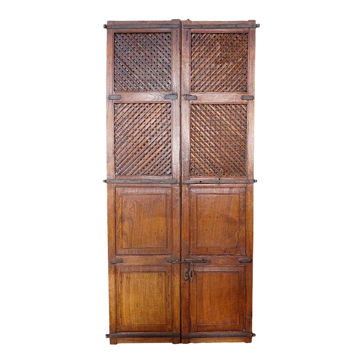 19th Century Indian Iron Mounted Teak Haveli Lattice Screen Double Door Chairish