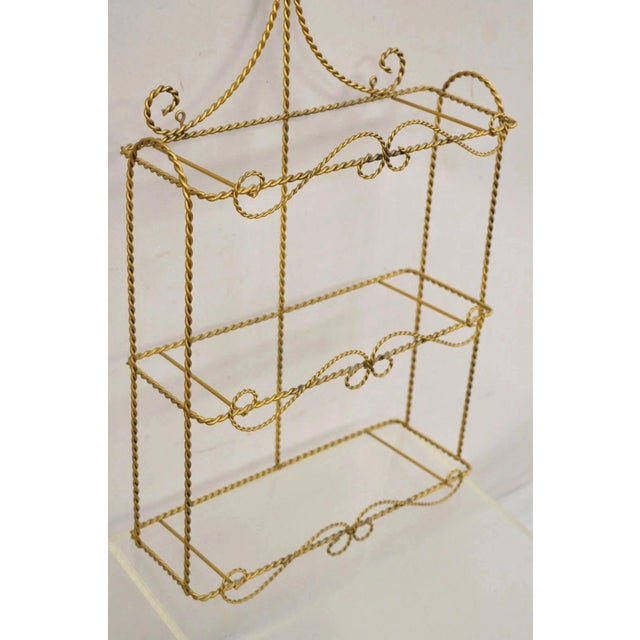 Vintage Gold Gilt Metal Hollywood Regency Scrolling Iron 3 Tier Small Wall Shelf For Sale - Image 4 of 10