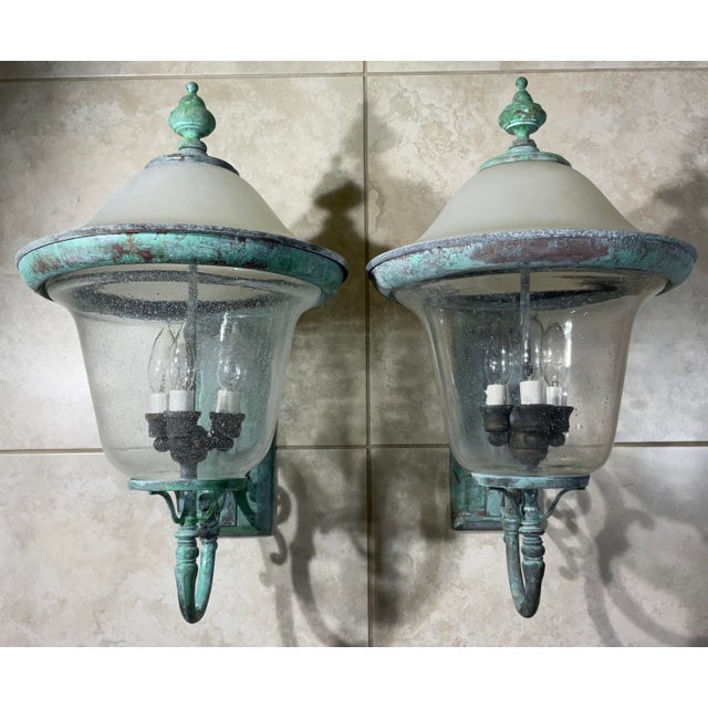 Pair of Vintage Solid Brass Outdoor Sconces - Large Verdigris Patina Lanterns For Sale - Image 15 of 16