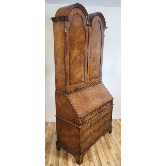 English Vintage 20th C English Style Burl Walnut Slant Front Secretary Fitted Interior Desk For Sale - Image 3 of 18