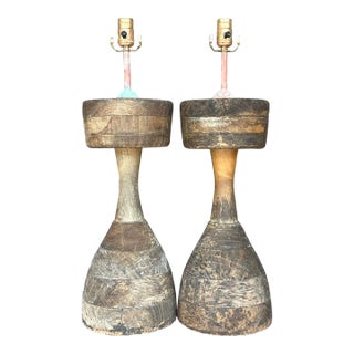 Vintage Rustic Sculptural Turned Wood Table Lamps, Pair For Sale