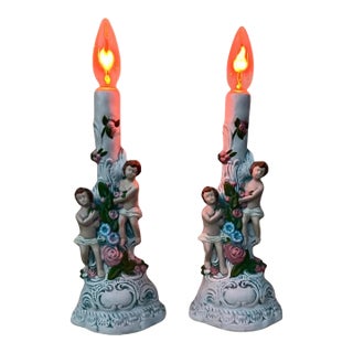 1980s ( Set of 2 ) Porcelain Figural Hand Painted Lamps For Sale