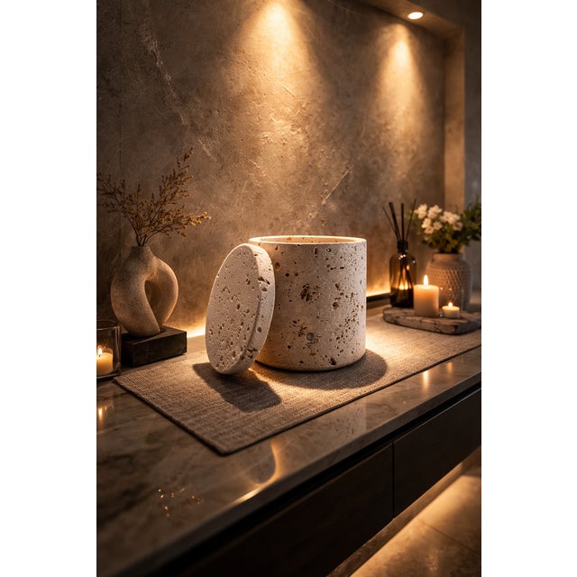 Handcrafted Travertine Stone Lidded Jar, 5" Organic Modern Canister For Sale In New York - Image 6 of 6
