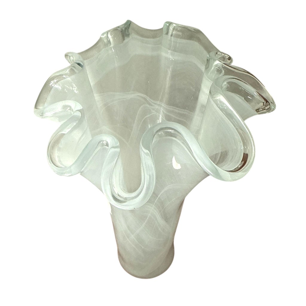 Vintage Monumental Murano Style White Latticino Ruffled Art Glass
