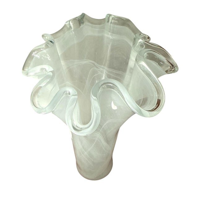 Art Nouveau Vintage Monumental Murano Style White Latticino Ruffled Art Glass Vase For Sale - Image 3 of 6