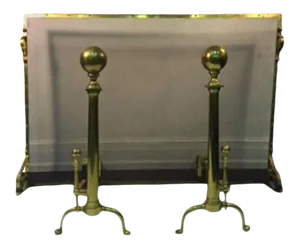 Traditional Brass Fireplace Screen With Andirons - Set of 3
