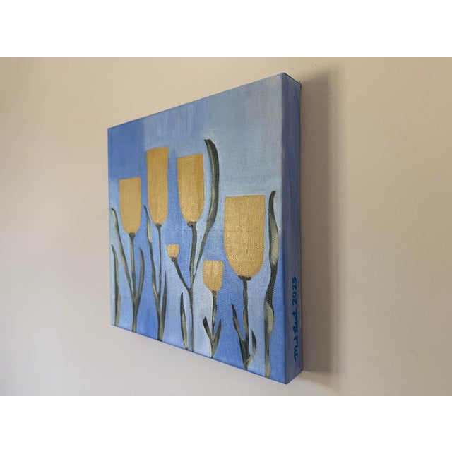 Blue Rare, Modern Abstract Folk Art Triptych Acrylic Paintings on Canvas, “Spring Pop,”Signed, Dated For Sale - Image 8 of 10